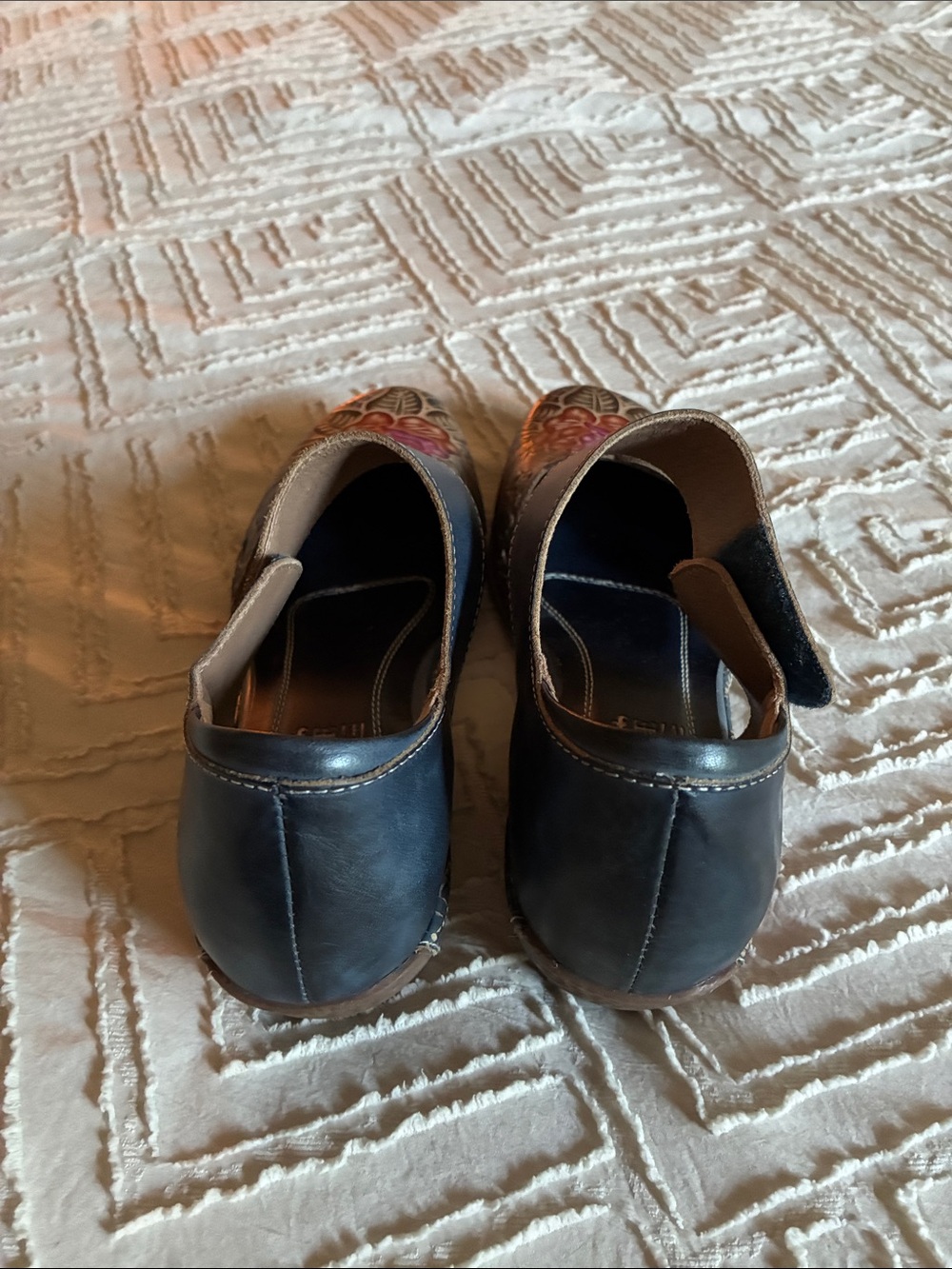 L'ATISTE Navy Leather Mary Janes with Pink & Orange Floral Emboss - Picture 4 of 11